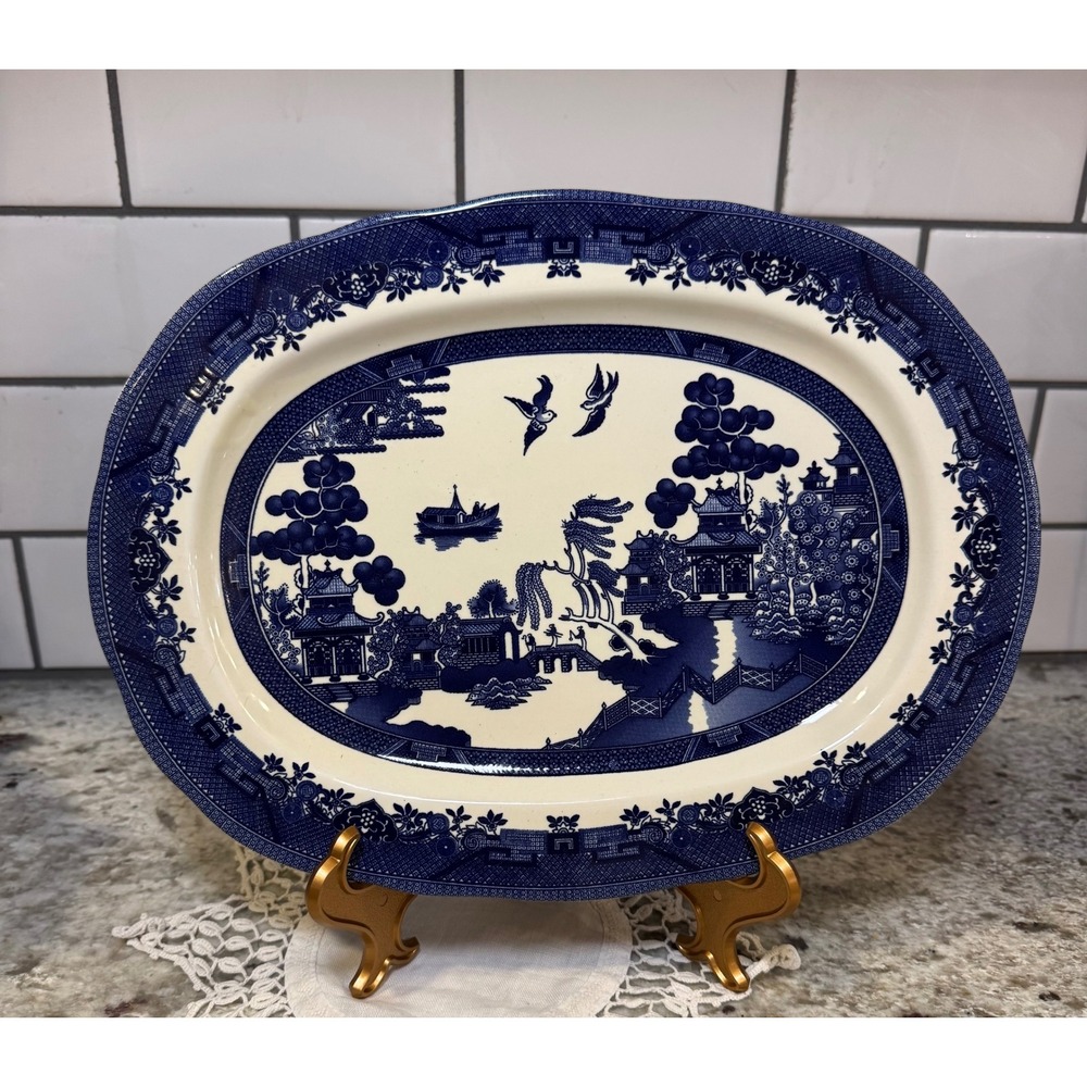 Royal Traditions vintage Blue Willow Oval Platter Stoneware 12" Scalloped